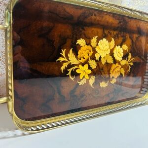 Vintage Florentine Style Wood Serving Tray with Brass Gallery & Handles